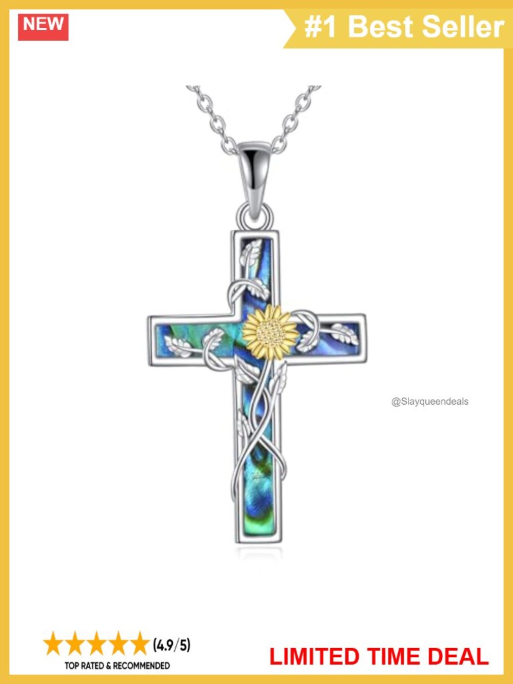 Sterling Silver Abalone Shell Cross Pendant Necklace 18in
